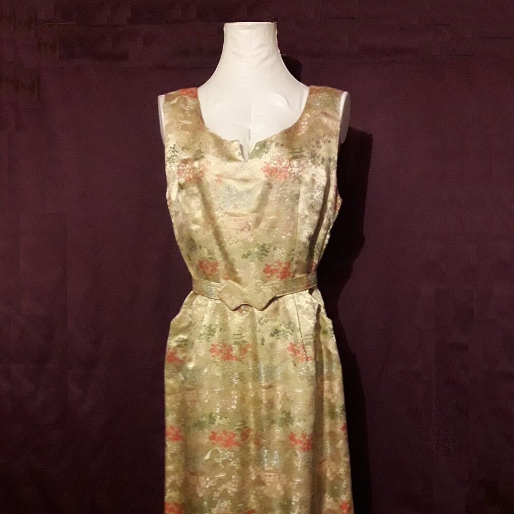 Fabulous Vintage Embroidered Gold Silk Cocktail Sheath Wiggle Dress 50s 60s